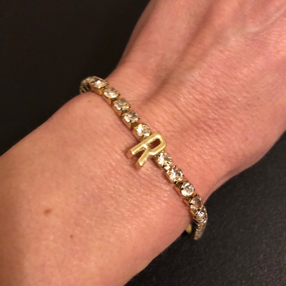 Gold Tone Initial 'R' Rhinestone Crystal Tennis Bracelet - Women's Jewelry